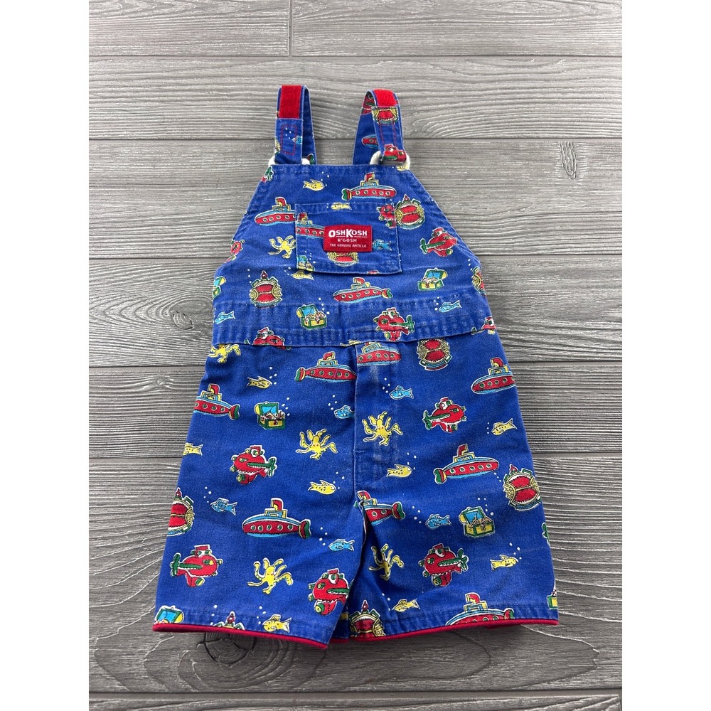 Vintage OshKosh Bgosh Submarine Sea Print Shortalls Blue 3T Made in USA 751-9004